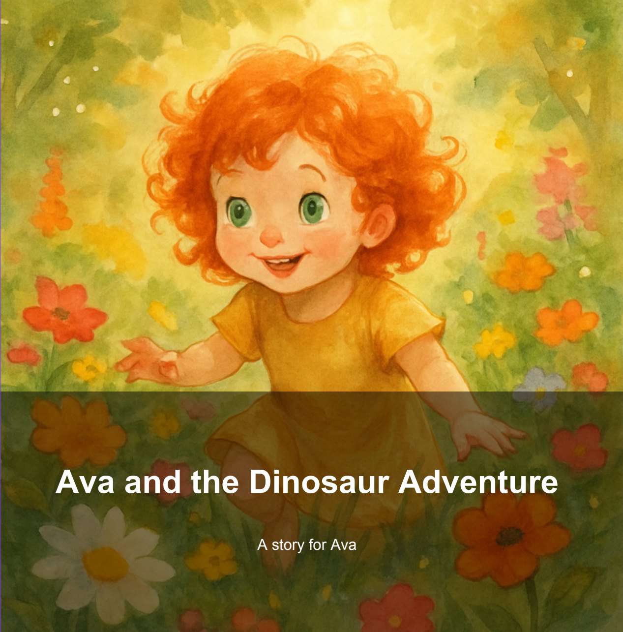 A personalised storybook cover reading Ava and the Dinosaur Adventure