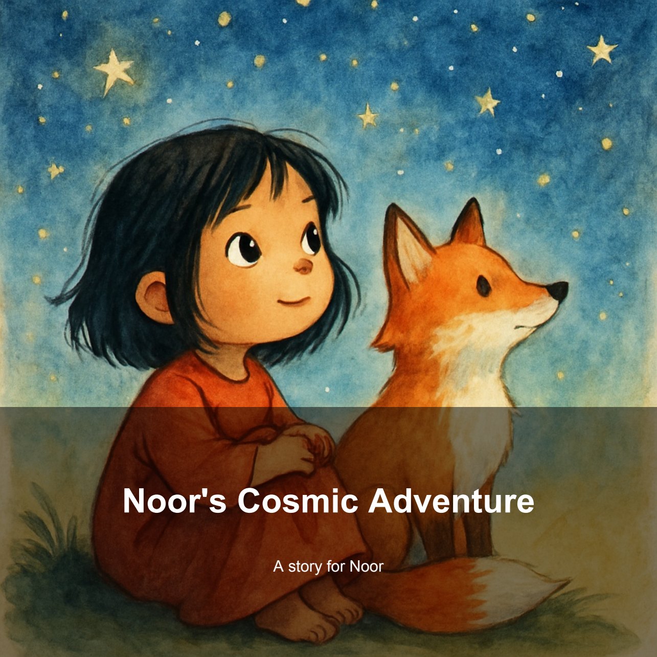 A personalised storybook cover reading Noor's Cosmic Adventure